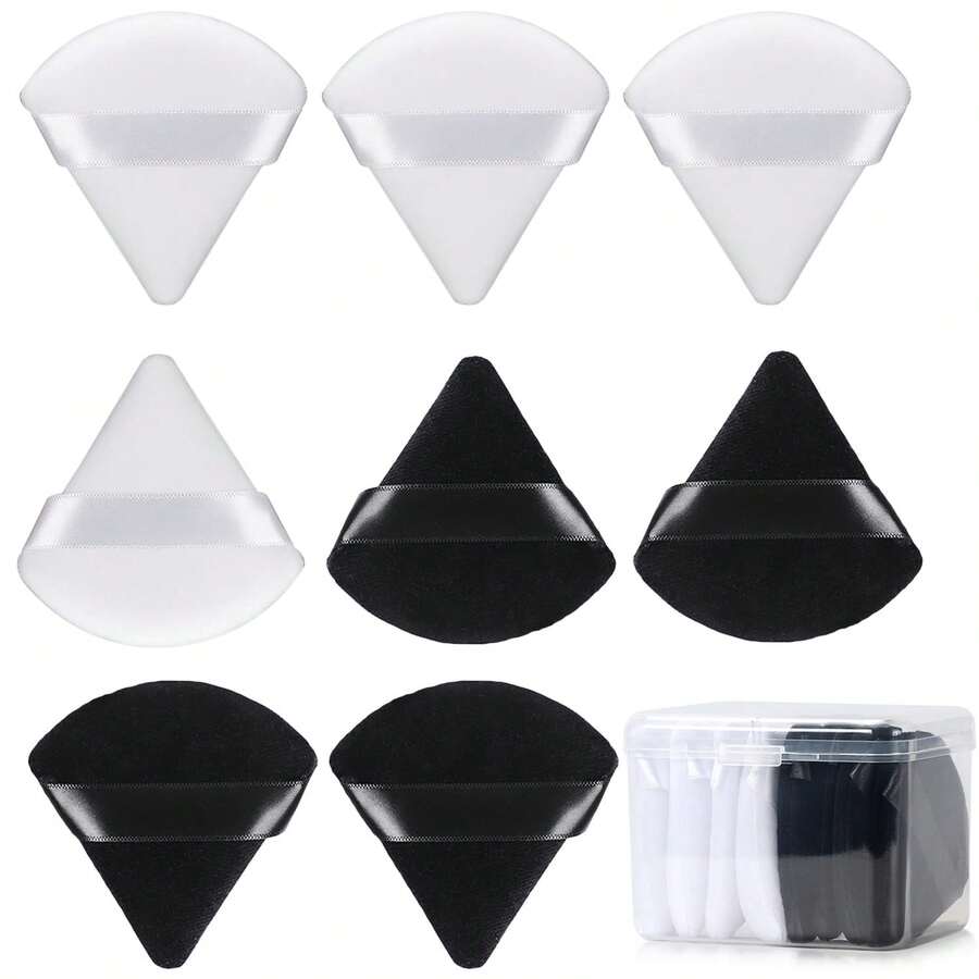 8 Pcs Cotton Powder Puff Face, Triangle Super Soft Both Dry And Wet Makeup Setting Puff,For Concealer/Loose Powder/Body Powder/Foundation/Blush Makeup Sponge Set (Black+White) - Black - View 1