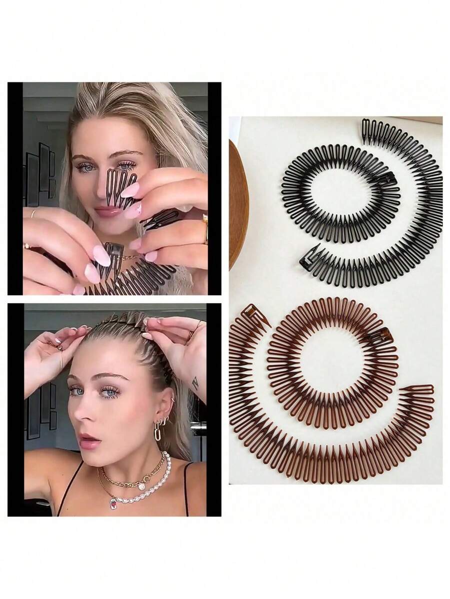 2/4 piezas Peines elásticos de plástico redondos y extensibles, sujetadores de banda para el cabello de mujer, aros redondos dentados para el cabello, accesorios para el cabello de mujer, blanco, marrón, negro casual, herramientas de peinado para peluquería, salón de belleza, productos esenciales de viaje para el cabello, cuidado del cabello, accesorios para el cabello