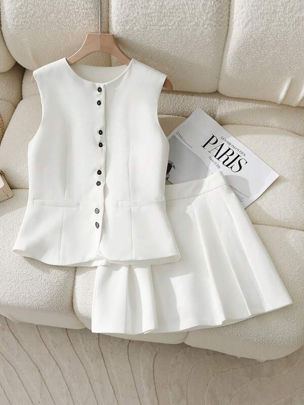 Women's Summer Casual Solid Color Button Front Tank Top + Pleated Mini Skirt 2-Piece Set