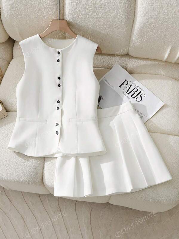 Women's Summer Casual Solid Color Button Front Tank Top + Pleated Mini Skirt 2-Piece Set