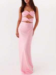 Women Cutout Tube Long Dress Strapless Bodycon Maxi Dress Bandeau Backless Dresses Summer Holiday Beachwear - 粉色 - 查看 3