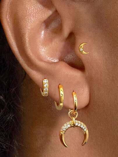 4 piezas Pendientes colgantes de la luna chapados en oro con circonita cúbica exquisita, conjunto de pendientes de botón con forma de luna para mujeres, joyería de moda