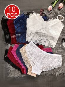 10 Pieces Of Mixed Color Women's Lace Floral Panties Lace Trim Splicing Comfortable And Breathable Women's Panties Daily Versatile Size S-L Optional Wear All Year Round 95% Cotton - 混色10件裝 - 查看 2
