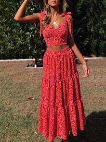 女士夏季心形印花性感优雅休闲波西米亚度假细肩带露背弹力荷叶边短款上衣和高腰 A 字长裙套装，适合日常外出、通勤、约会、海滩度假、节日、派对、街头摄影穿着 - 紅色 - 查看 7