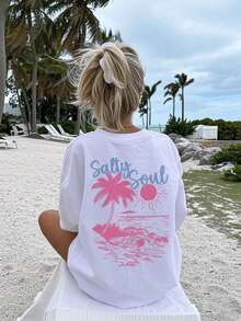 Plus Size-SALTY SOUL Women's Spring/Summer New Coconut Tree & Sunshine Print Casual Round Neck Short Sleeve T-Shirt, Fashion Versatile, Essential Daily & Vacation Wear. Vacation Printed T-Shirt For Women-1XL-5XL - 白色 - 查看 2