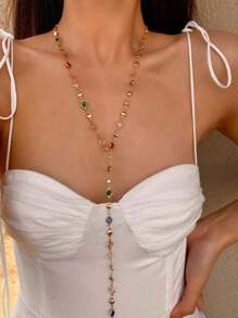1pc New Bohemian/Golden/Silver Beaded Y-Necklace, Suitable For Party, Banquet, Vacation, Summer, Beach, Random Colored Rhinestones