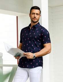 Men's Muscle Dress Shirts Slim Fit Stretch Short Sleeve Casual Button Down Shirts For Menhalloween - Hoa - Xanh navy - Xem 9