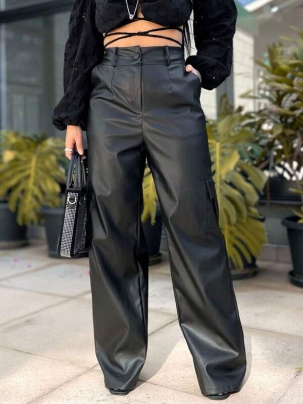 Calça De Couro Feminina Cintura Alta Casual e Elegante
