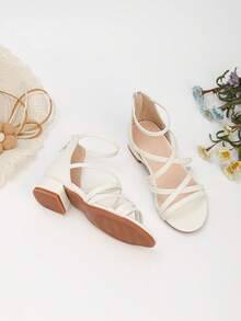 1 双夏季新款时尚高跟公主凉鞋，适合小女孩，学生舞蹈表演鞋，花朵和珍珠装饰罗马高跟鞋，适合婚礼、派对、日常穿着 - 白色 - 查看 5