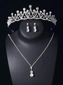 4pcs Jewelry Set For Teenagers, Including Crown, Necklace, Earrings, Suitable For Wedding, Party, Stage Performance, Also Great Birthday Gift For Friends - Silver - View 6