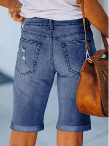 Necooer Women Jean Shorts Ripped Casual Summer Mid Waist Stretchy Five Points Denim Jean Shorts - 藍色 - 查看 4