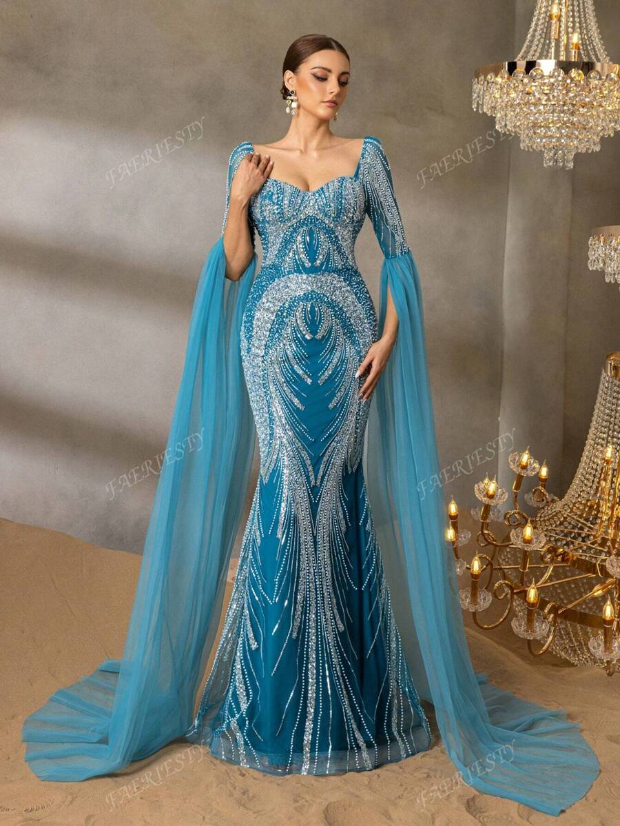 Faeriesty Faeriesty Elegant Evening Gown With Heart-Cut Neckline & Ethereal Sheer Sleeves - Mermaid Silhouette Formal Dress With Embellished Train - For Red Carpet Galas, Luxury Weddings, Diplomatic Balls
