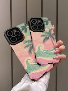 1 Stück süßer rosa & grüner Wellen & Palmen gestreifter Kunstleder schockfester weicher Handyhülle kompatibel mit iPhone 16/16 Plus/16 Pro/16 Pro Max