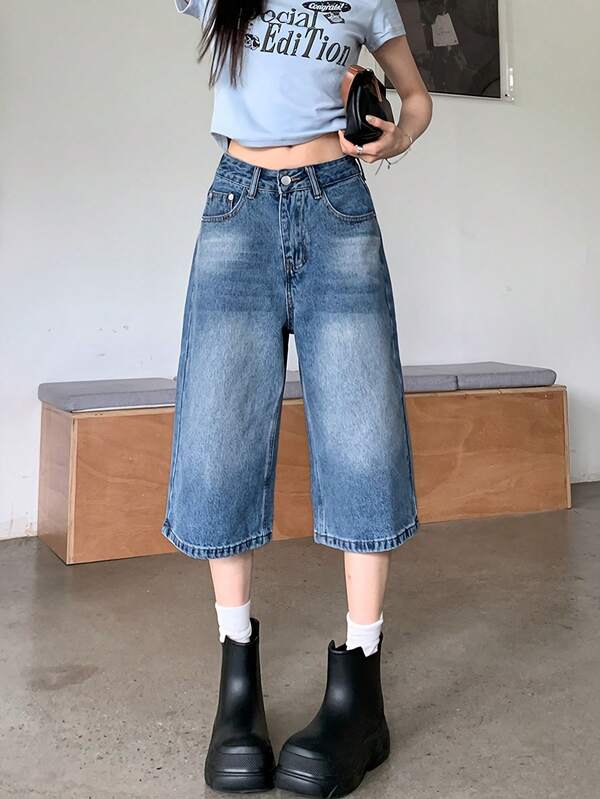 Vintage High Waist Loose Fit 7/8 Length Jeans, Versatile Spring Casual