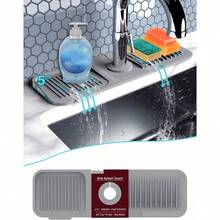 Local Shipping-5°Slope Kitchen Sink Splash Guard-Gray Silicone Faucet Mat Handle Drip Catcher Tray Behind Faucet With Soap Dispenser Hole-1pc Water Clear Gadgets For Sink Accessories 5 By 24inch Long Organizer - Gray - 查看 8