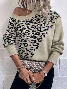 ملابس علوية محبوكة جديدة للنساء في فصل الخريف/الشتاء، أنيقة وعصرية للاستخدام اليومي، بتصميم غير متماثل مع نقشة نمر جاكار، وأكتاف مكشوفة وياقة عالية وأكمام طويلة