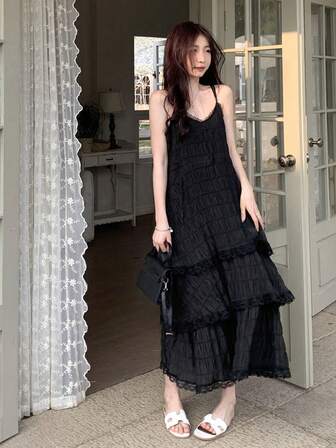 White V-Neck Lace Trim Spaghetti Strap Dress For Women, Casual Vacation Beach Holiday Long Dress, Random Pattern