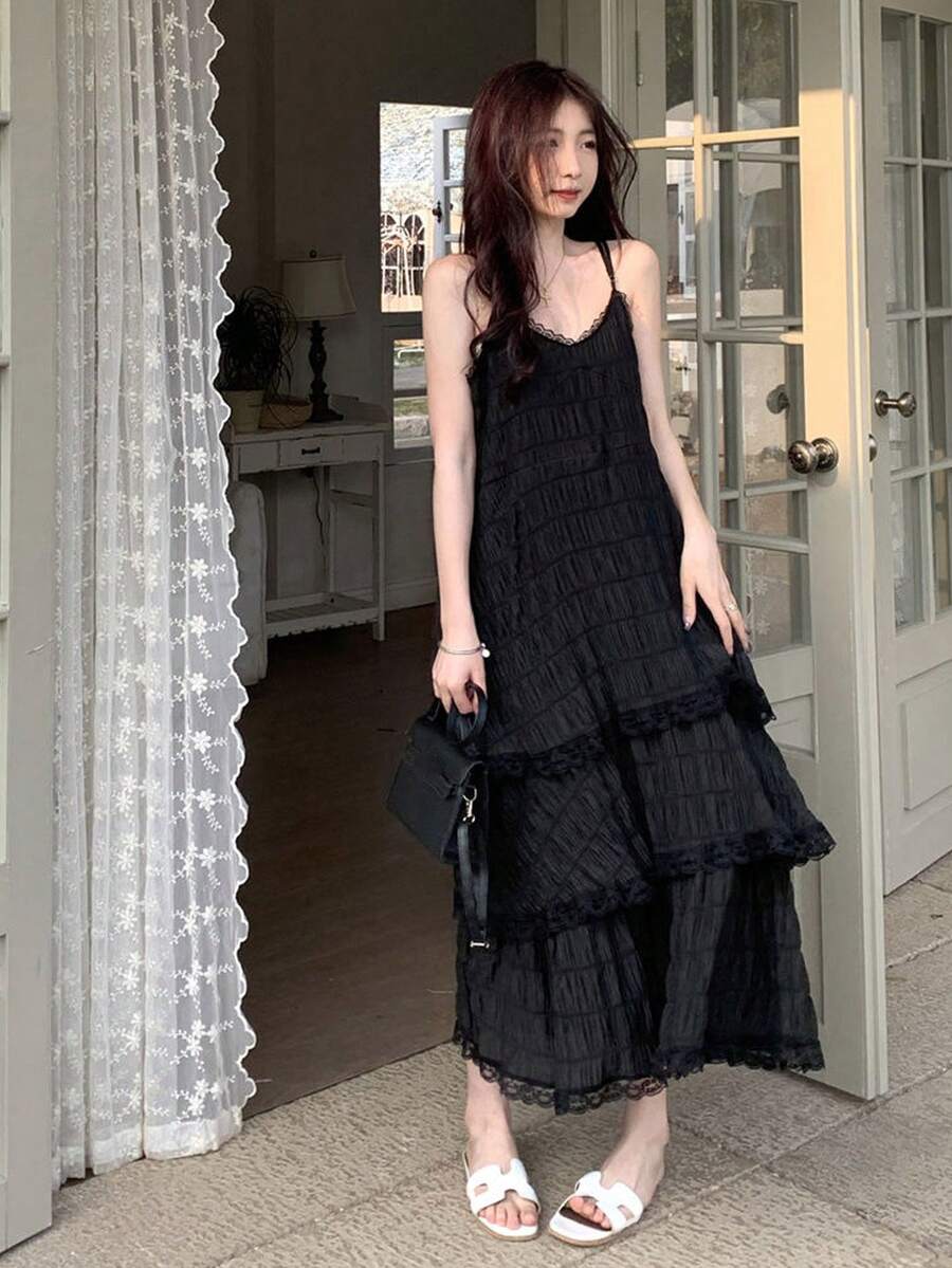 女士白色 V 领蕾丝边细肩带连衣裙，休闲度假海滩度假长裙，图案随机 - 黑色 - 查看 1