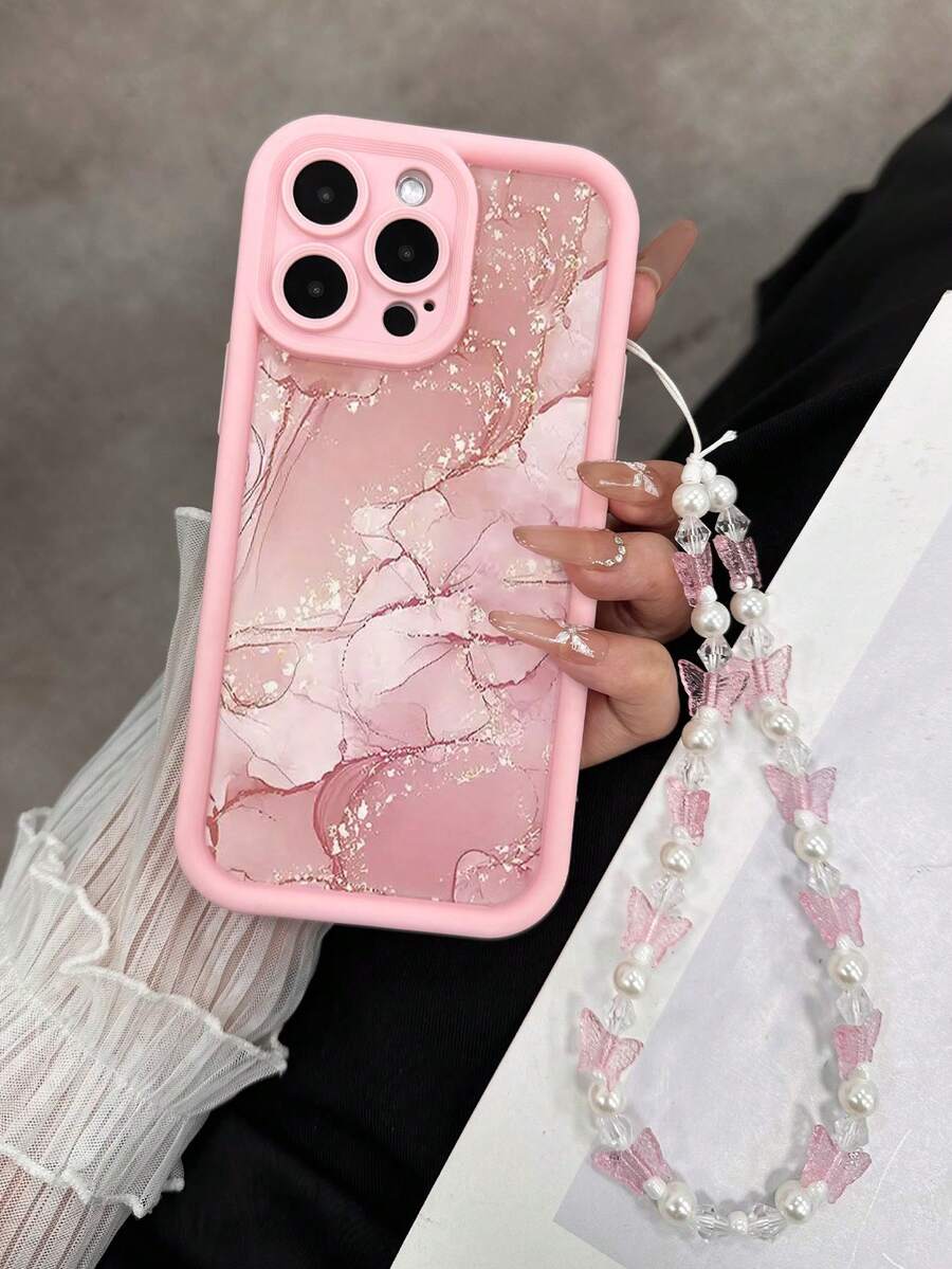 大理石粉色花卉印花软硅胶手机壳带链条，重型防震保护套，兼容 16/16 Pro/16 Pro Max、 16 Plus、 15 XR/7/8、 15 Pro Max、12 Pro Max、13 Pro Max、14 Pro Max、13、14、11、12 Plus、14 Pro、11 Pro、12 Pro、Redmi - 彩色 - 查看 1