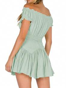 Women Flowy Pirate Dress Fairy Short Sleeve Y2k Off Shoulder Ruffle Corset Mini Dresses - 綠色 - 查看 6