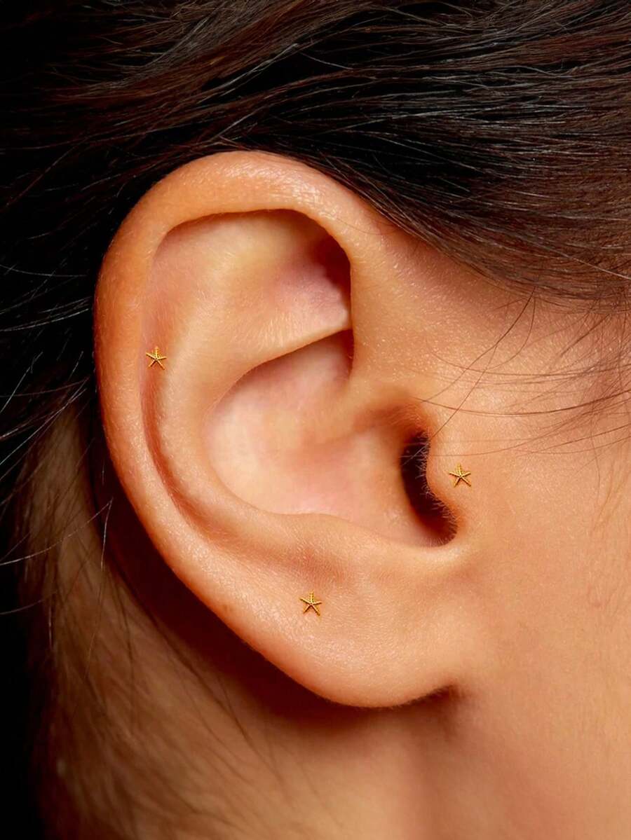 1 件 S925 纯银海星平背唇钉耳环 16G 紫水晶耳钉耳屏耳环海螺耳环叠戴耳环 - 金色 - 查看 1