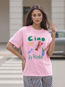 Women Summer Basic T-Shirt Casual Letter Fruit Lobster Print Short Sleeve Tops For Streetwear Aesthetic Grunge Clothes - 粉色 - 查看 2