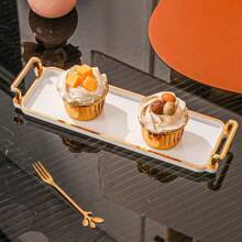 1pc Elegant Gold Trimmed PS Plastic Tray Set - Multipurpose Rectangular Tray For Kitchen, Dining Room, Living Room - Great For Tea, Snacks, Candy, Baked Goods - Perfect For Weddings, Gifts, Birthday Events