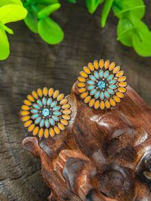 4 对复古风格银色、古铜色金属花朵珐琅水钻装饰圆形耳钉套装，适合女士日常、工作、休闲装和表演 - 彩色 - 查看 2