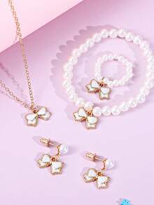 Conjunto de 5 peças/conjunto elegante estilo princesa com pérolas artificiais, laços, colar, pulseira, anel, brincos, adequado para o dia a dia, festas, aniversários, fotos - Tamanho Único - Ver 1