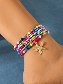Set da 6 cavigliere stile boemico da spiaggia, stile vacanza, multicolore, perline, cavigliere in lega con pendente a forma di stella marina (fatto a mano, quantità e colori delle perline casuali)