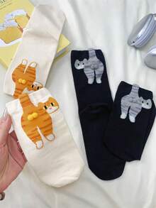 半双趣味猫球绒球中筒袜，春夏秋季舒适袜子 - 彩色 - 查看 3