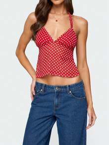 Women Polka Dot Y2k Halter Neck Tank Top Backless Low Cut Tie Up Solid Color Camisole Tops Summer Slim Fit Going Out Crop Tops Club Party Streetwear  - 紅色 - 查看 2