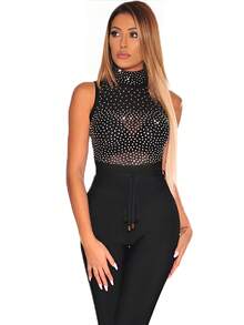 SEBOWEL Silver Studded Rhinestones Glitter Sparkly Bodysuits Women Sexy Sleeveless Hot Drilling Black Sheer Mesh Bodysuit One Piece - 黑色 - 查看 1