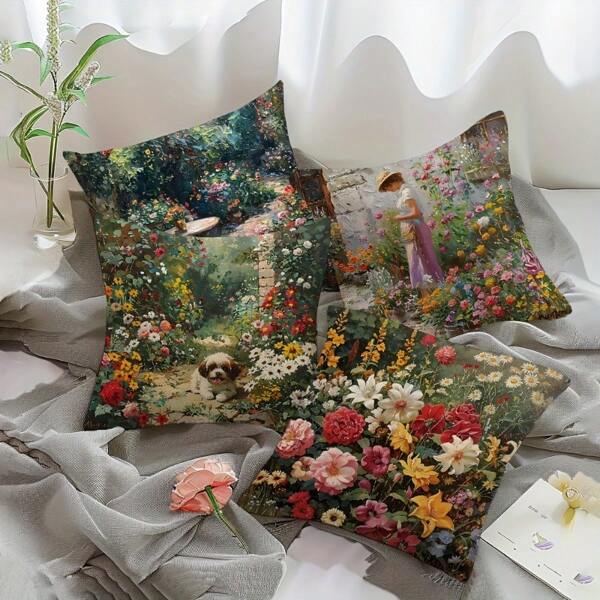 4 capas de almofadas com estampa floral vibrante, 45 x 45 cm, com estampa de girassol e flores silvestres coloridas | Capas de almofada decorativas de poliéster macio com fecho de zíper lavável à máquina | Ideal para decoração de sala de estar, quarto e sofá, sem enchimento incluso