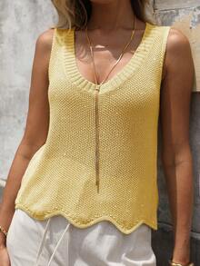 女士法式时尚休闲可爱闪亮纹理不对称下摆圆领无袖针织吊带背心，适合度假穿着，夏季必备 - 黃色 - 查看 2
