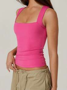 Women's Square Neck Tank Tops Sleeveless Solid Color Slim Fit Tank Tops Summer Shirts - Màu Hồng Tươi - Xem 5