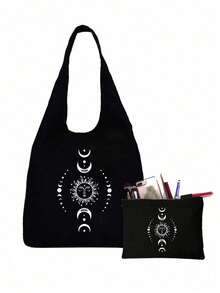 太阳、月亮和星星印花帆布单肩包、白色图案、黑色背心手提包和黑色小包、小化妆包、零钱包、储物袋、情人节礼物、伴娘个性化婚礼礼品袋、化妆包、简易旅行储物袋