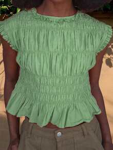 Women Y2k Solid Color Tank Tops Boat Neck Frill Ruched Ruffle Hem Shirts Summer Sleeveless Smocked Vest - 綠色 - 查看 1