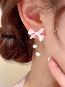 Pink Bowknot Tassel Long Earrings With Rhinestone For Women Sweet Girl Jewelry Studs Summer Valentines Gift Mom Mother Day Fashion - 粉色 - 查看 6