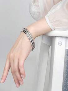 1pc Minimalist Chinese Style 'Three Lives Three Worlds' Stainless Steel Non-Fading Smooth Circle Bracelet For Women (Handmade Product With Slight Surface Marks)