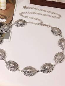 Vintage Silver Gold Carved Waistband Metal Thin Waist Chain Women Belt - 銀色1 - 查看 2