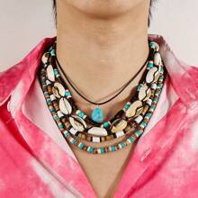 5pcs/Set Fashionable Women Vintage Style Shell, Turquoise & Coconut Shell Necklace Accessory, Beach Vacation Travel Decoration