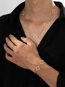1 Set Geometric Hollow Quatrefoil Chain Necklace, Bracelet, Ring Men Jewelry Set, Holiday & Daily Gift