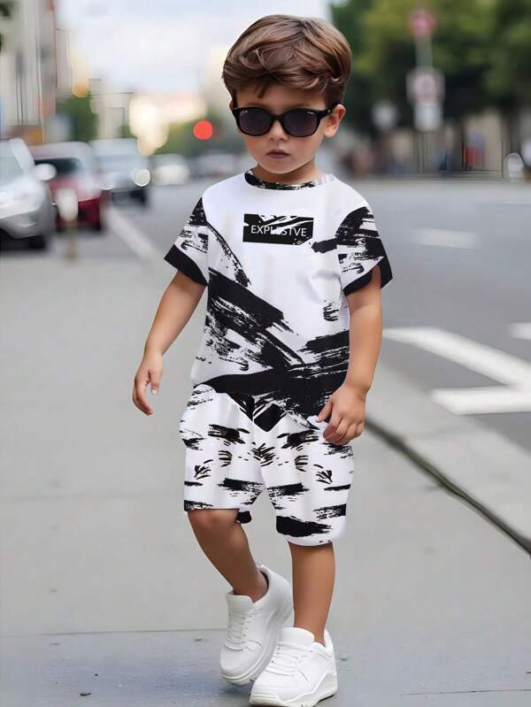 Toddler Letter & Ink Effect Graphic Print Short Sleeve T-Shirt And Shorts