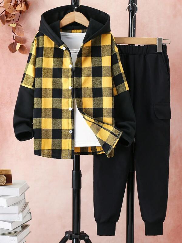 2pcs/Set Boys/Teens Casual Plaid Shirt+Cargo Pants Set