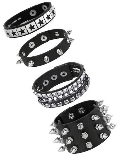 Xiacheng 1/3/4件套女士朋克摇滚手链套装 - 铆钉可调节人造革手镯，80年代Emo哥特机车风，男女皆宜的另类时尚