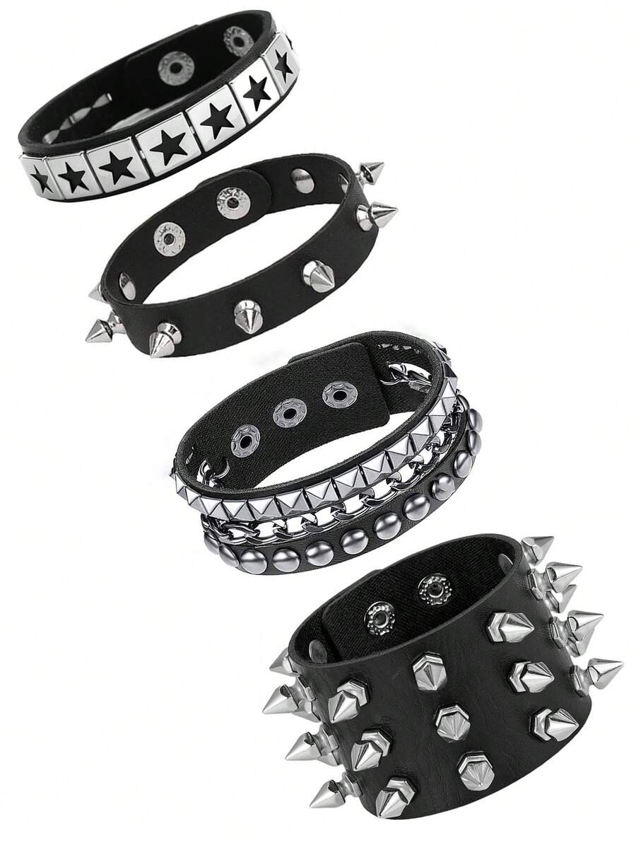Xiacheng 1/3/4件套女士朋克摇滚手链套装 - 铆钉可调节人造革手镯，80年代Emo哥特机车风，男女皆宜的另类时尚