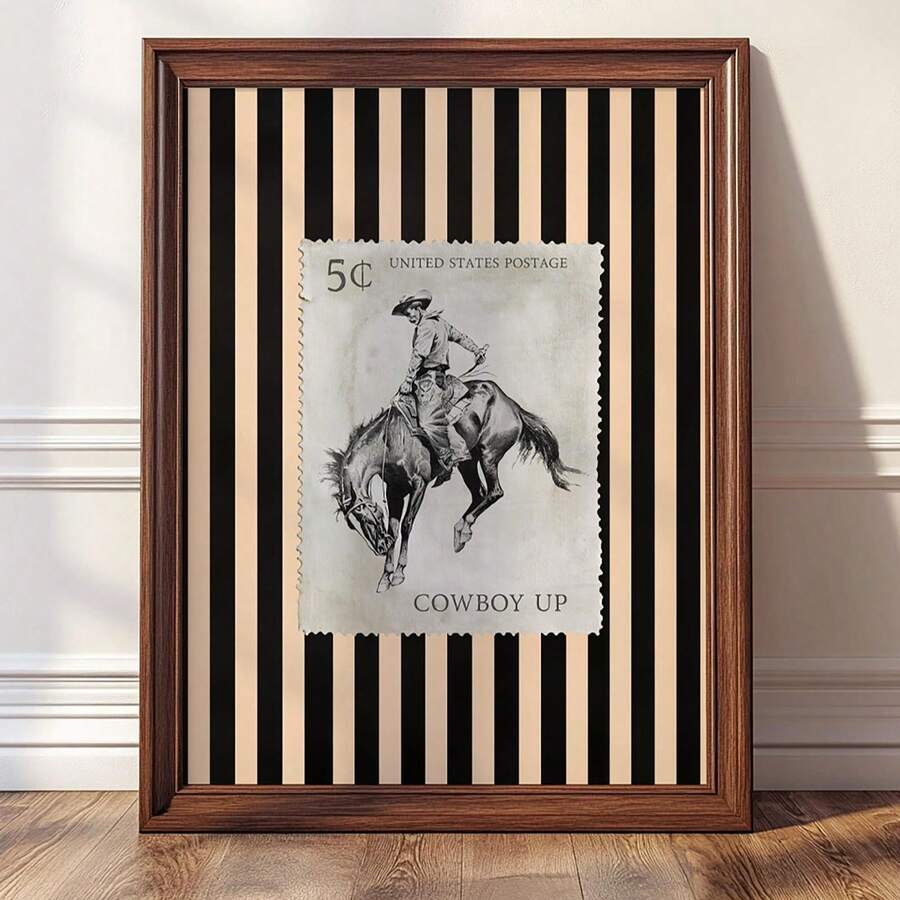 1 tranh treo tường phong cách tem cổ điển - Chàng cao bồi cưỡi ngựa hoang với thẻ "COWBOY UP" và mệnh giá 5 xu trên nền giấy dán tường sọc dọc màu be và đen, áp phích vải không khung để trang trí tranh tường, trang trí ký túc xá, trang trí nhà cửa, trang trí tiệc tùng & lựa chọn quà tặng hoàn hảo (Tranh nghệ thuật không khung) | Tranh treo tường, tranh in, trở lại trường, áp phích vui nhộn, du lịch nghỉ dưỡng, lễ tốt nghiệp ở bãi biển - Nhiều màu - Xem 1