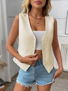 Leinen Tank Tops mit geraffter Taille, modischer und eleganter Pendler-Weste, einfarbige Leinenweste mit Fake-Tasche, geeignet für Lässig, Dates, Urlaub, Reisen, Geburtstagsfeiern, Frühling/Sommer/Herbst