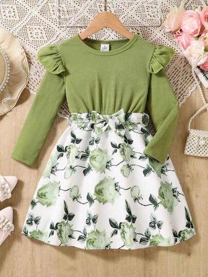 Robe décontractée à manches longues pour filles, robe verte à col rond, imprimé floral à volants patchwork, pour l'automne et l'hiver. Idéal pour les activités de plein air et l'usage quotidien des enfants. Convient aux adolescentes, cadeau de fête